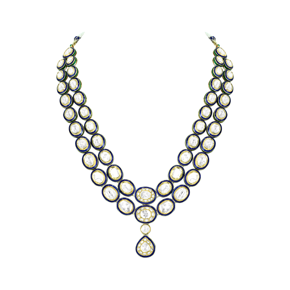 Twin-Line Polki Necklace with Blue Enamel and Pear Pendant